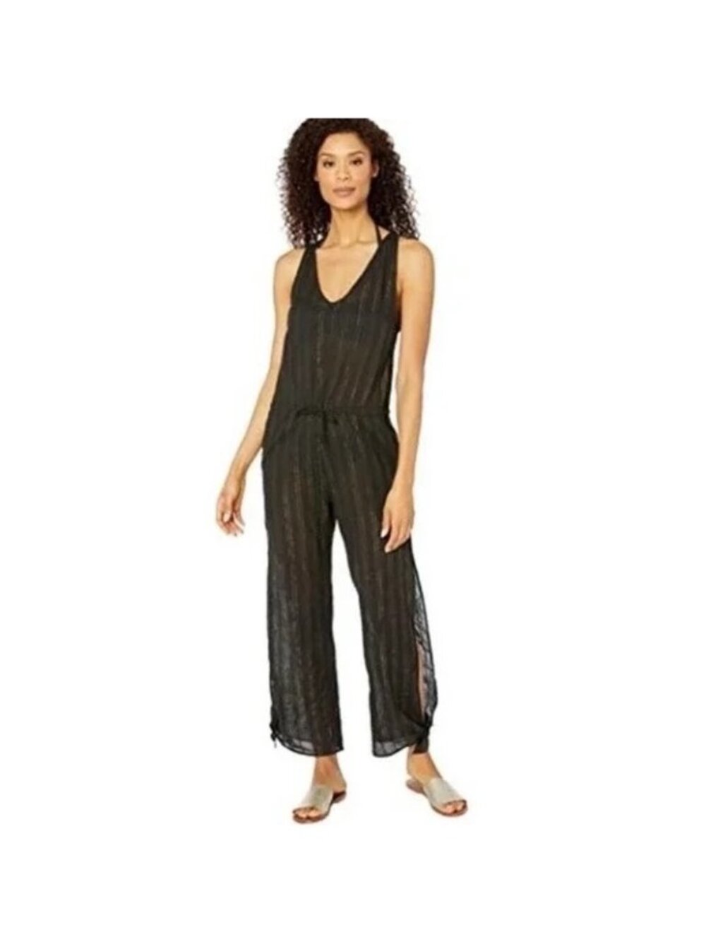 La Blanca Black Metallic Gold Pinstripe Coverup Jumpsuit - Picture 5 of 9